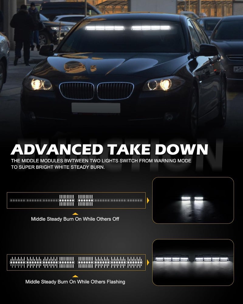 HLauto 604N Emergency Dash Strobe Lights: 2x16.8 inch White Security Light w/Take Down, 48 LED Safety Flashing Warning Hazard Interior Windshield Visor Light Bar for Trucks Vehicles - Image 4